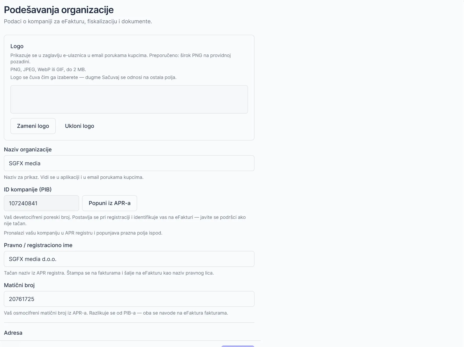 Podešavanja organizacije